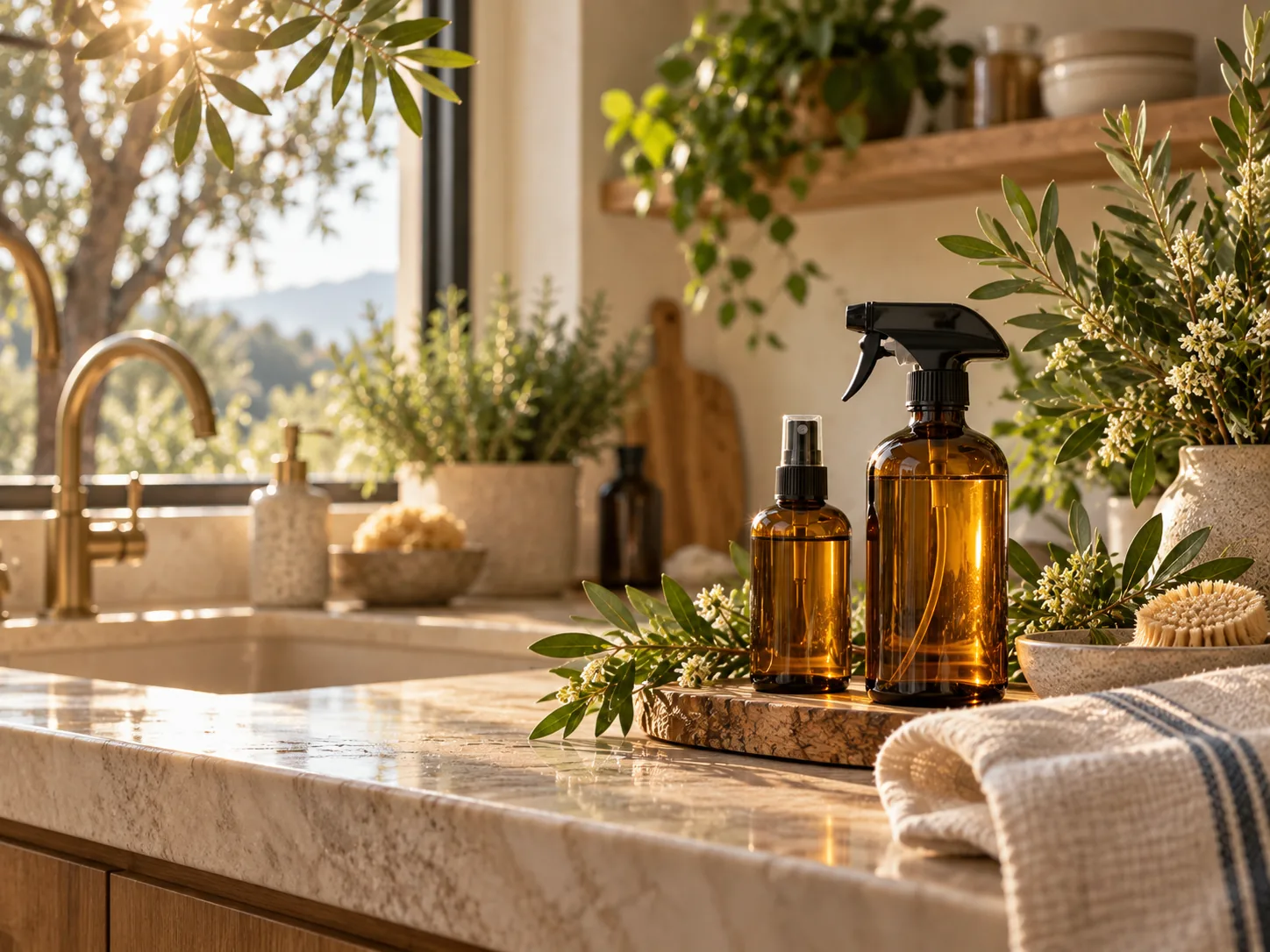 Amber botanical spray bottles in a naturally styled kitchen