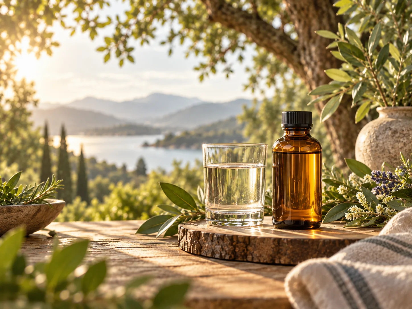 Amber DMSO bottle and glass in a botanical outdoor setting