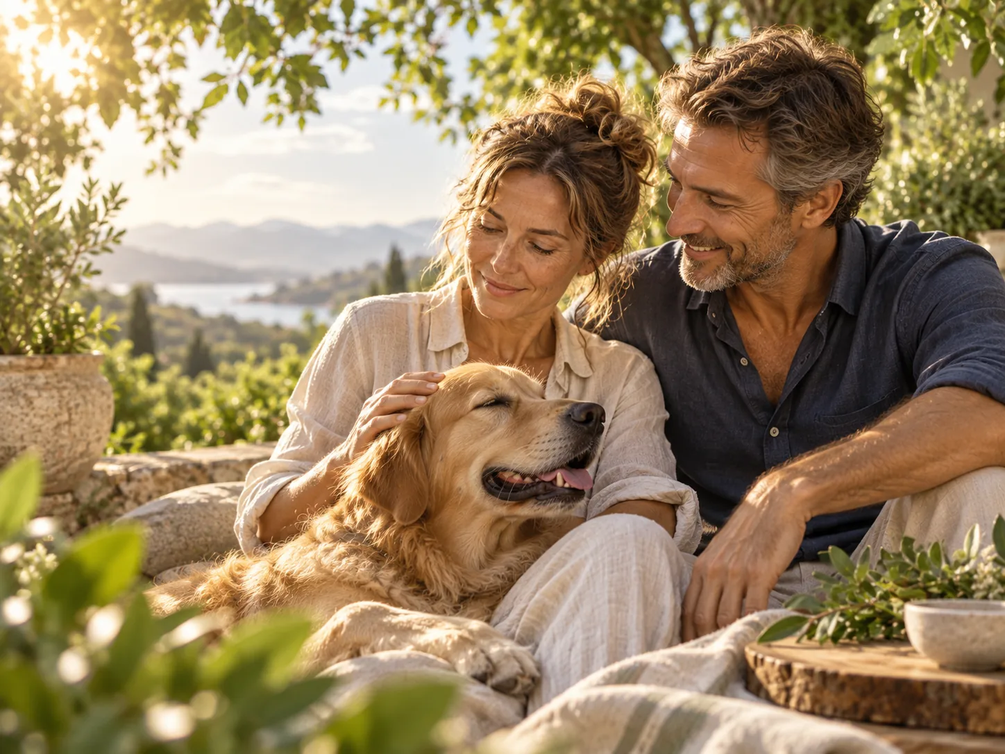 Mature couple relaxing outdoors with a dog