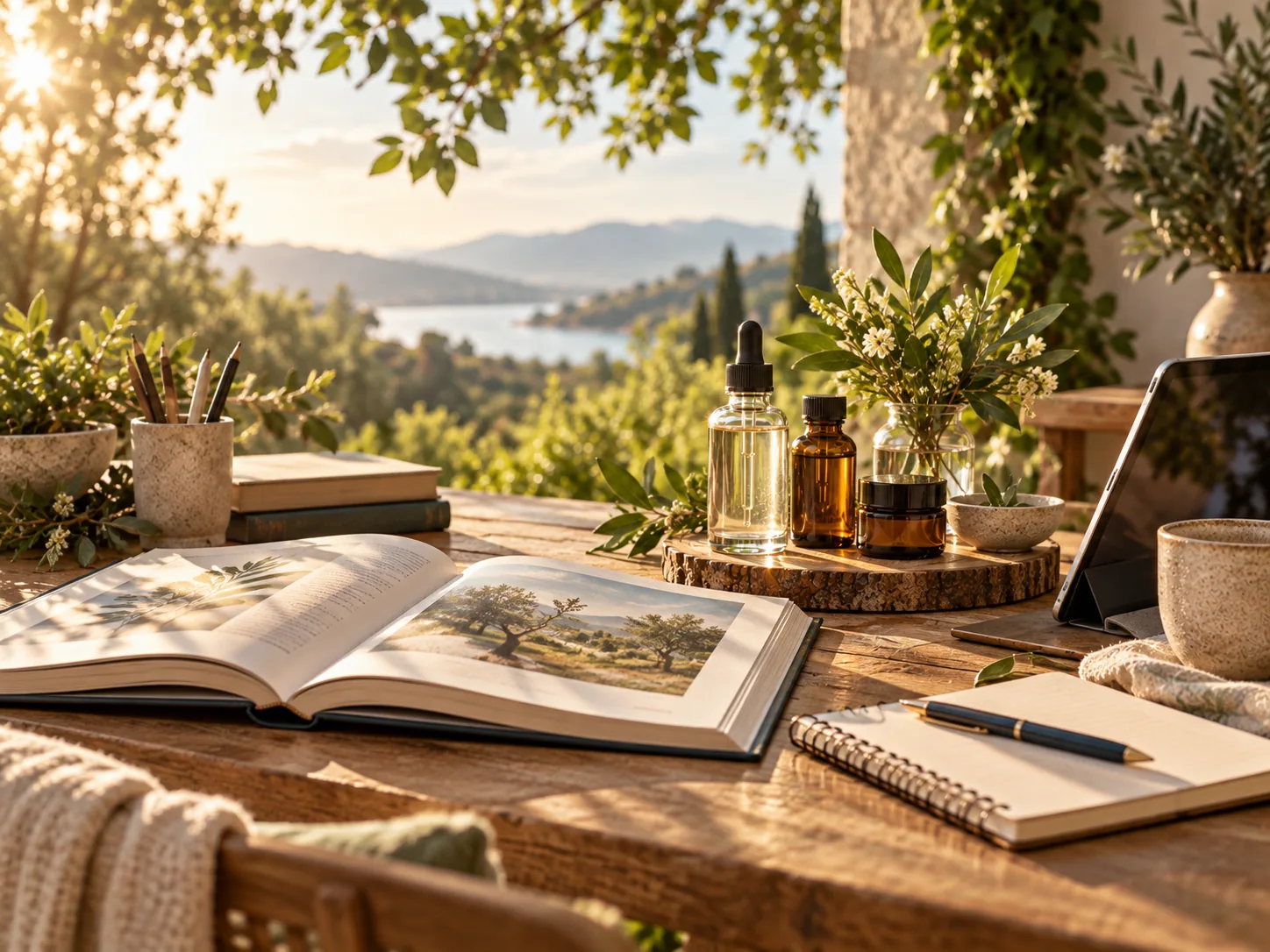 DMSO learning workspace with books, botanical products and a tablet