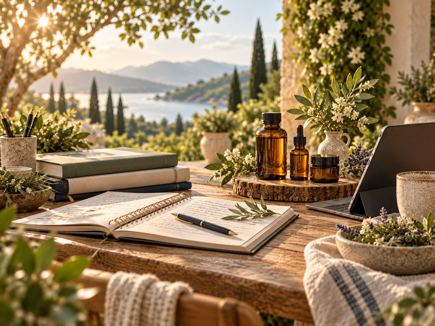 DMSO courses and masterclasses learning setting with books, notes and botanical products