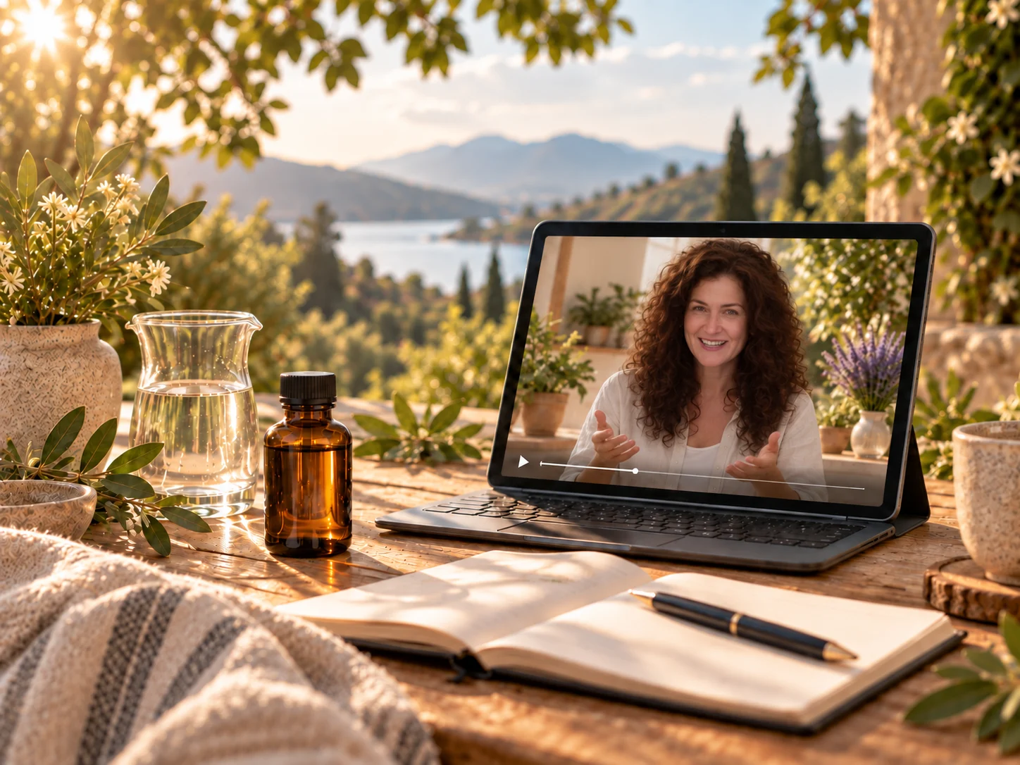 DMSO beginner learning scene with a video lesson on a laptop in a warm botanical setting