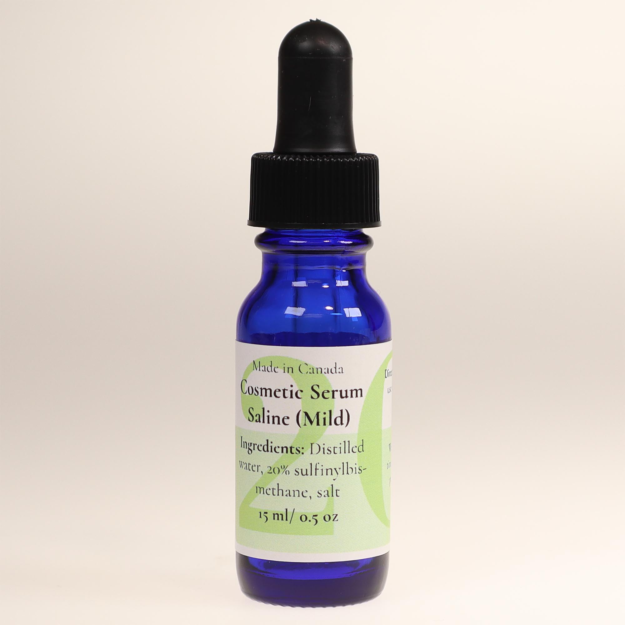 Cosmetic Serum – Saline (Mild), 20% formula in 15 mL blue glass dropper bottle