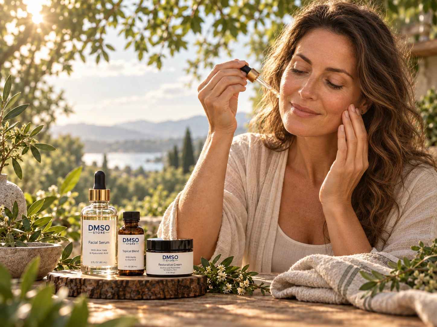 Woman using a botanical facial serum outdoors
