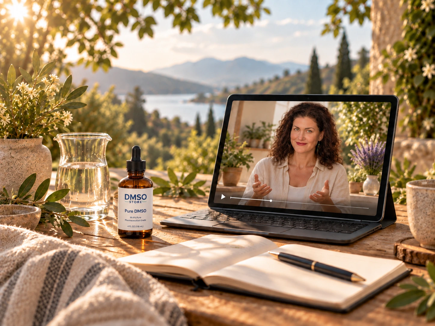 DMSO beginner learning scene with a video lesson on a laptop in a warm botanical setting