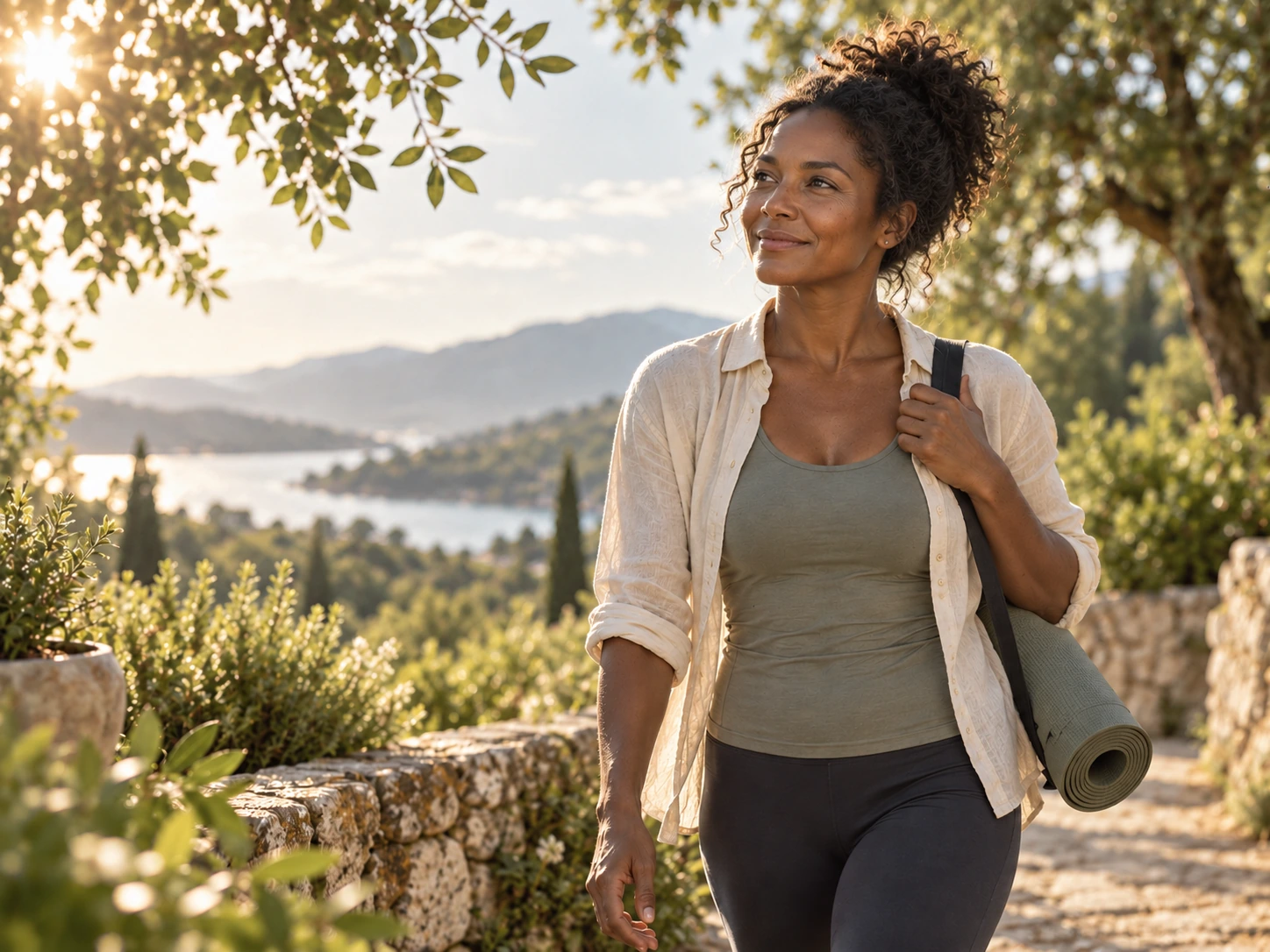 Active woman walking outdoors with a yoga mat