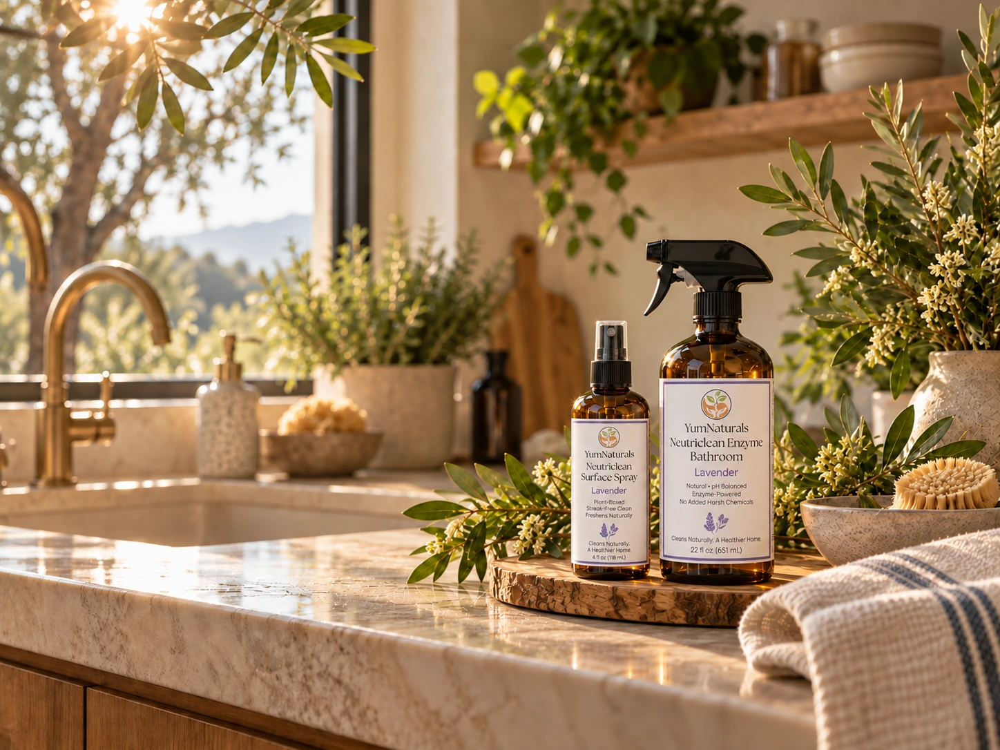 Amber botanical spray bottles in a naturally styled kitchen