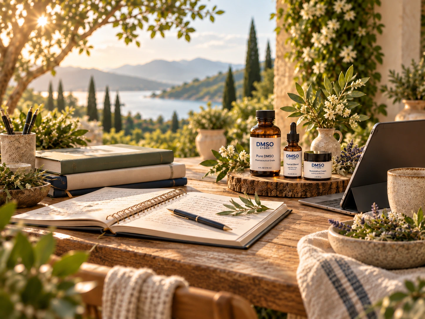 DMSO courses and masterclasses learning setting with books, notes and botanical products