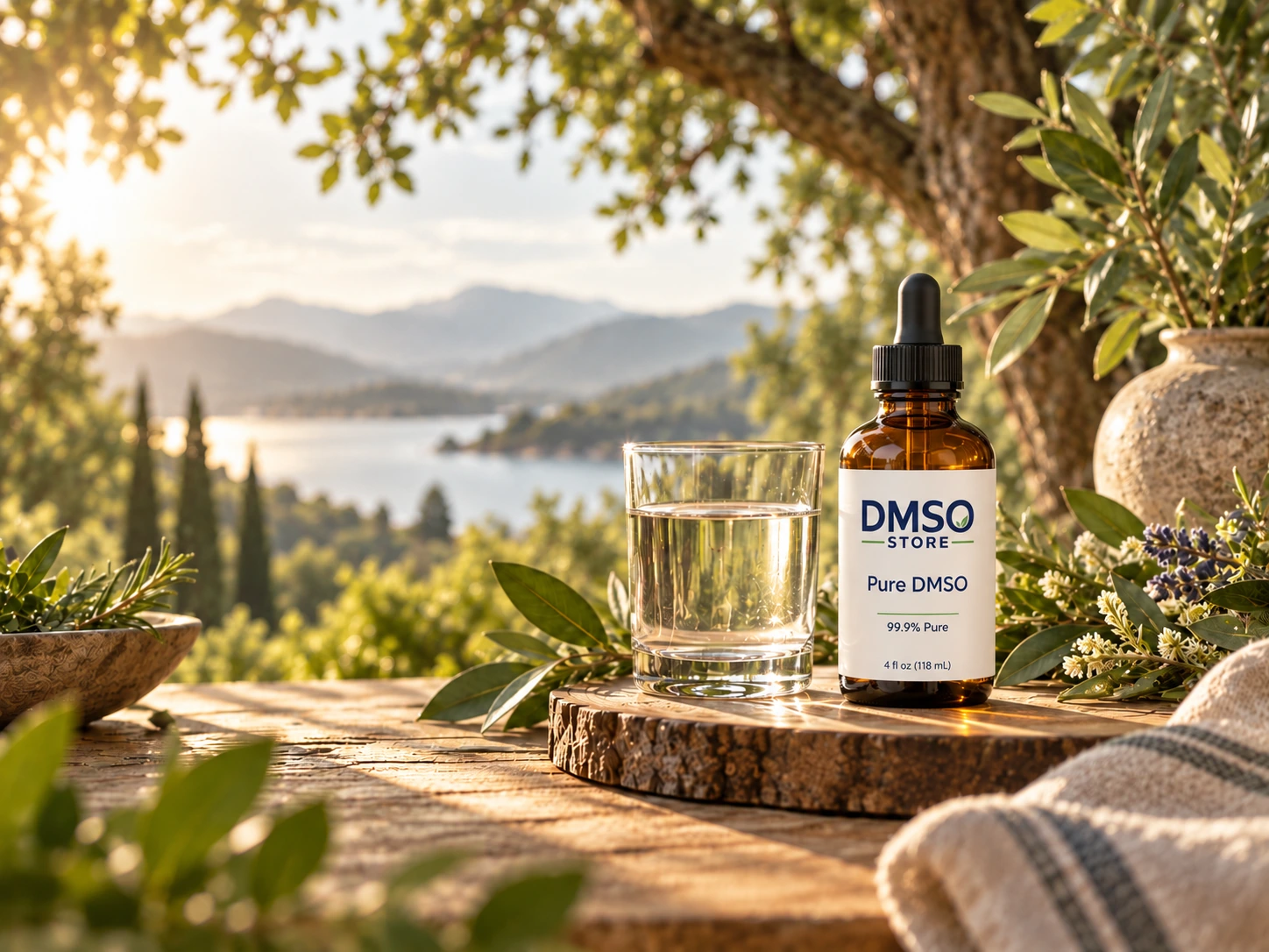 Amber DMSO bottle and glass in a botanical outdoor setting
