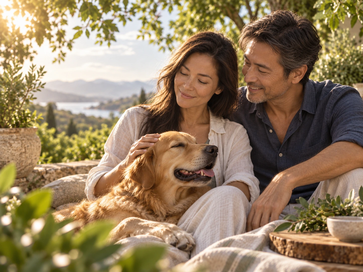 Mature couple relaxing outdoors with a dog