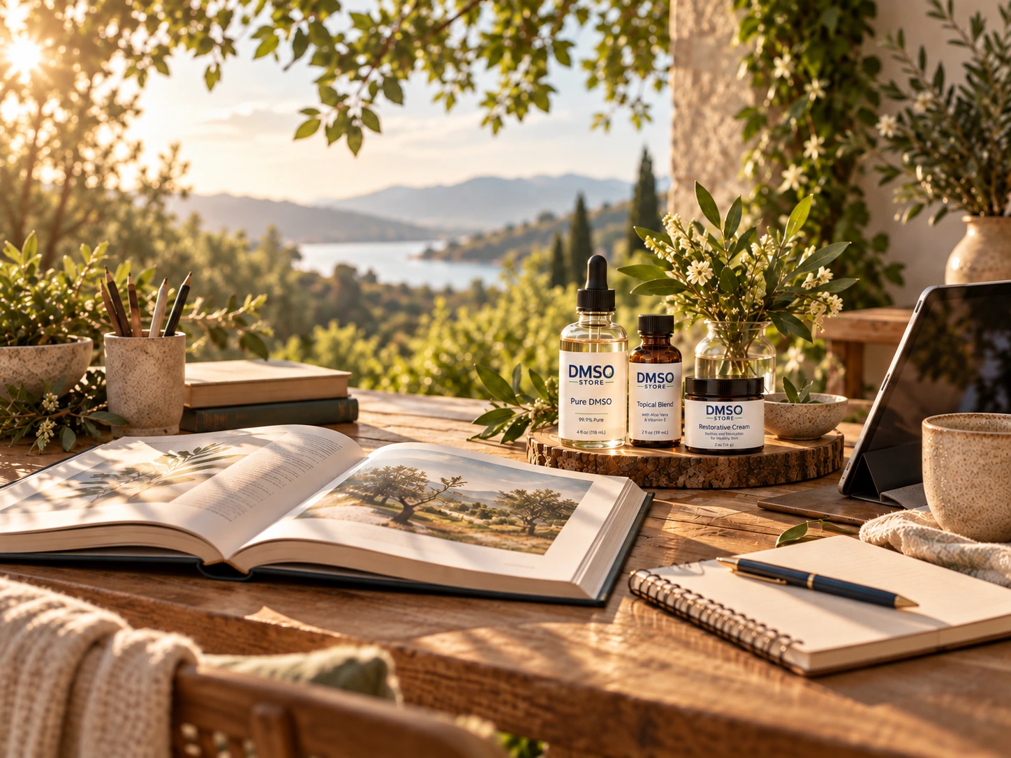 DMSO learning workspace with books, botanical products and a tablet