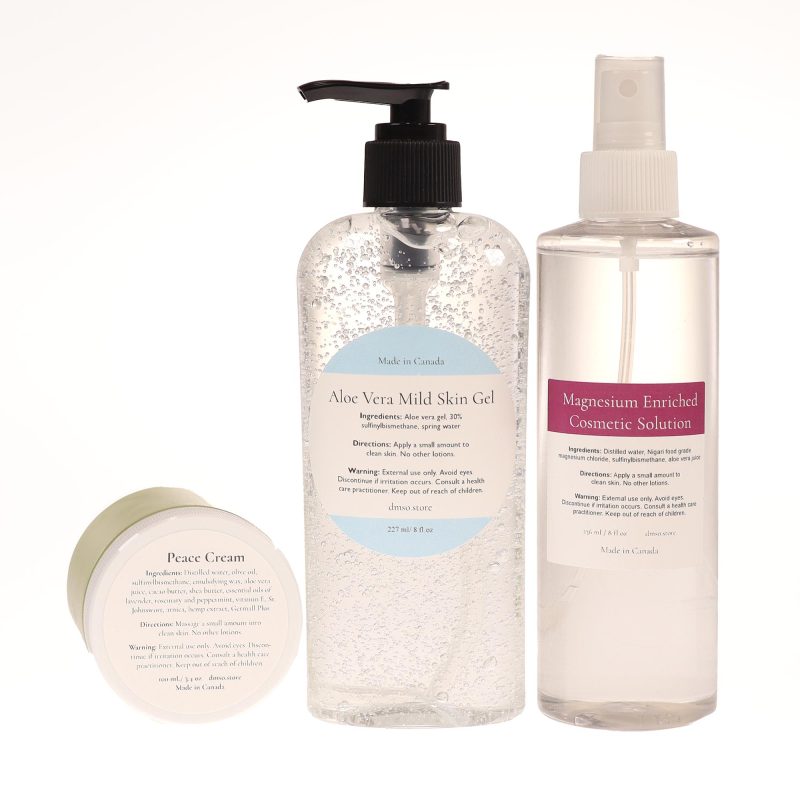 DMSO Introductory Bundle featuring Peace Cream, Magnesium Enriched Cosmetic Solution and Aloe Vera Mild Skin Gel